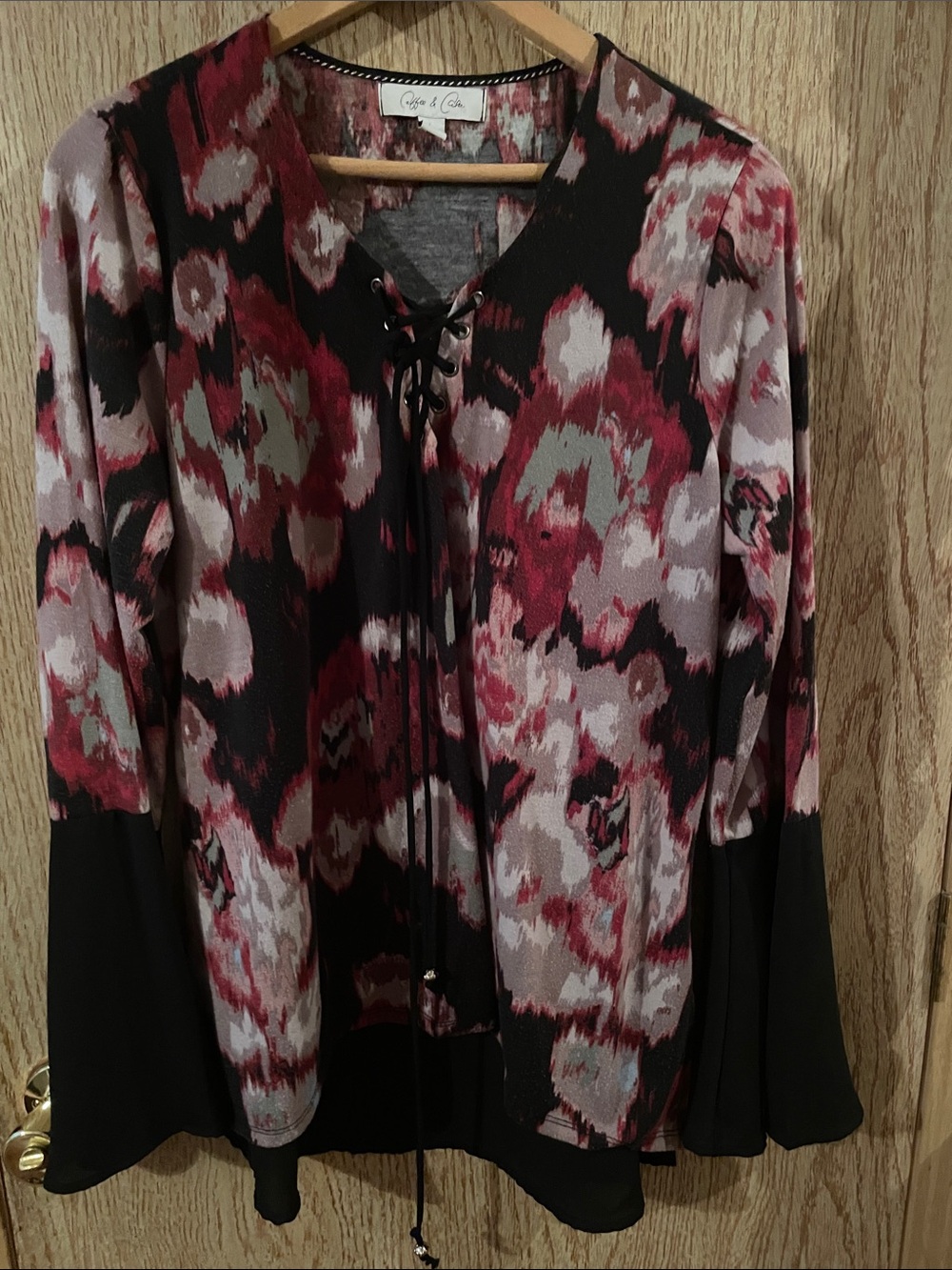 Floral Lace-Up Blouse in Burgundy and Black